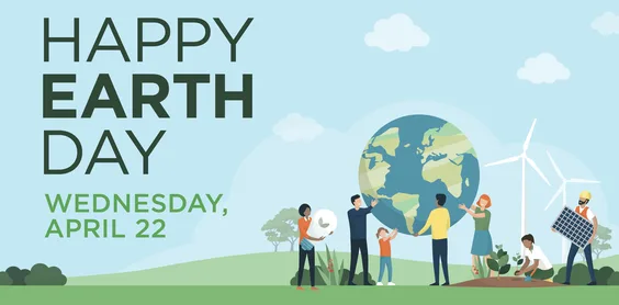 Illustration of people holding up the Earth with wind turbines in the background