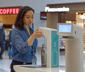 Woman refilling water bottle at airport
