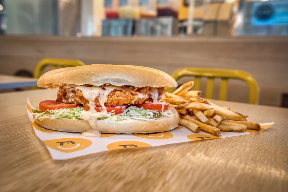Fried chicken sandwich and fries from Starbird, SFO