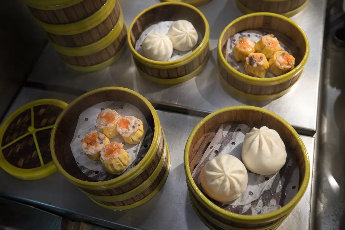 Bamboo steamers with dumplings and bao at Koi Palace, SFO