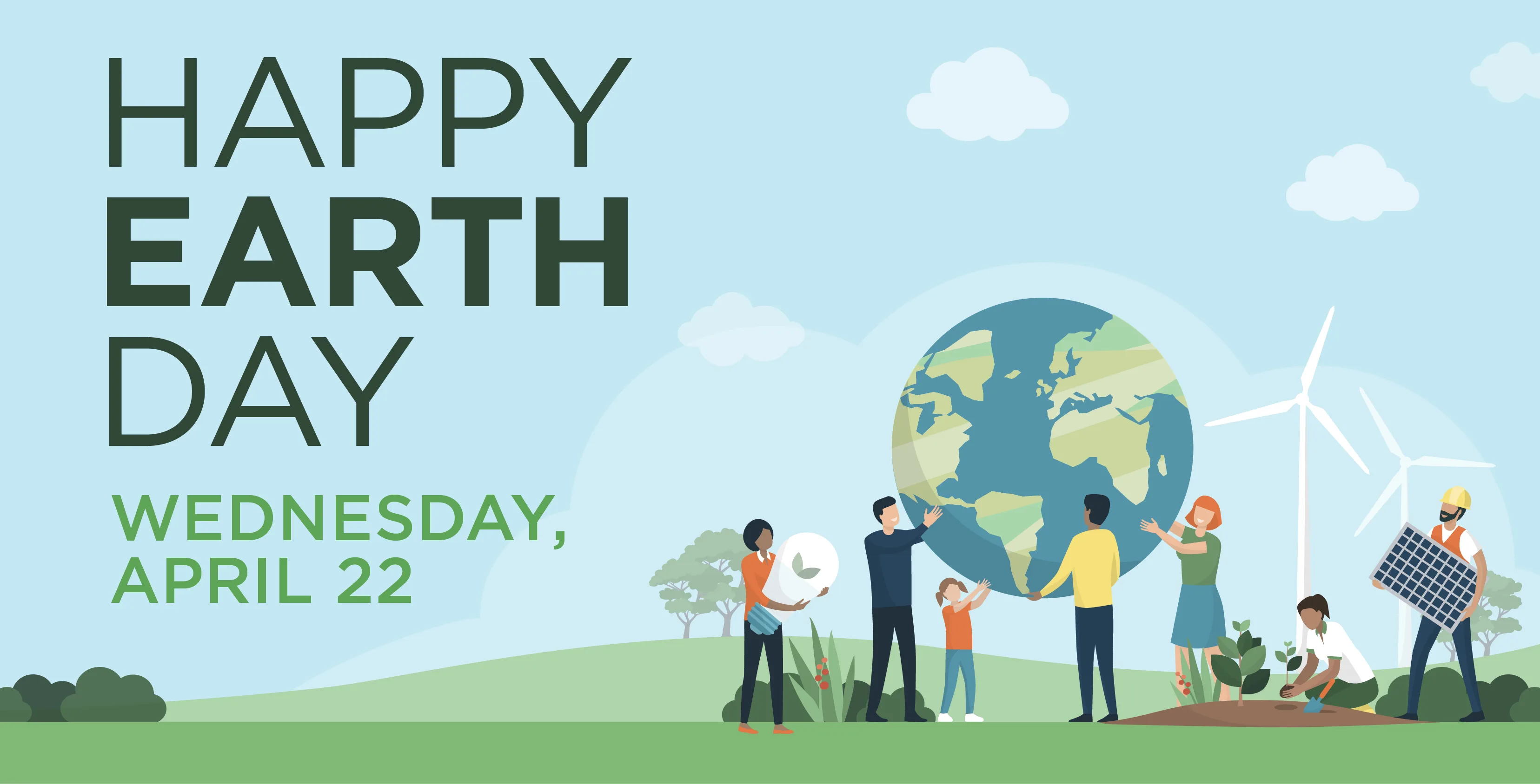 Illustration of people holding up the Earth with wind turbines in the background